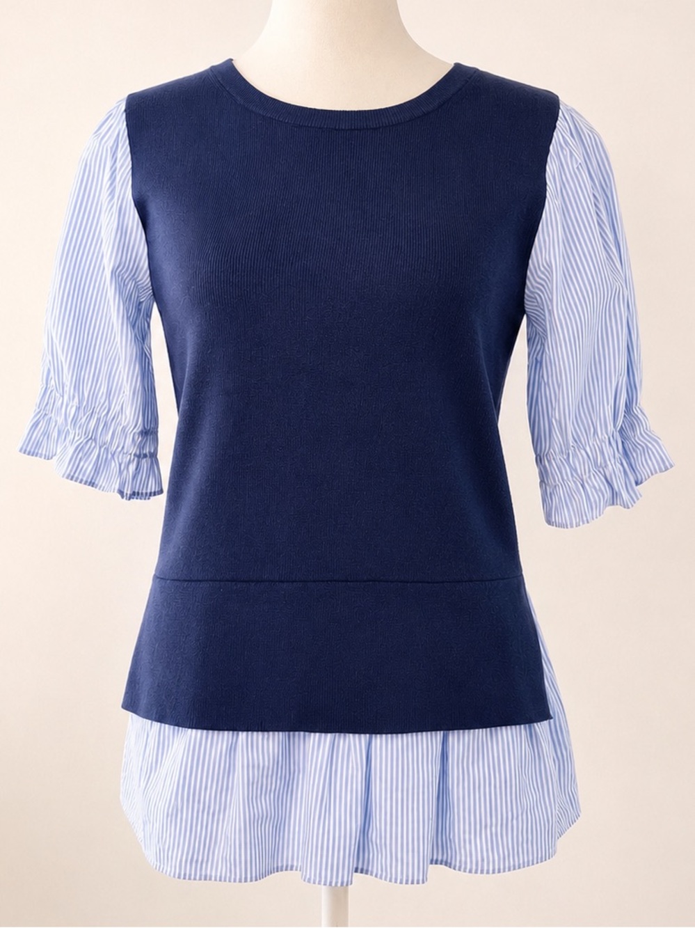 Draper James RSVP Mixed-Media Puff Sleeve Peplum Top — Size Small